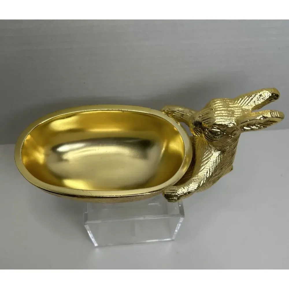 Goldtone Cast Metal Bunny Rabbit With Egg Shape Candy Trinket Dish Tray 6 X 4